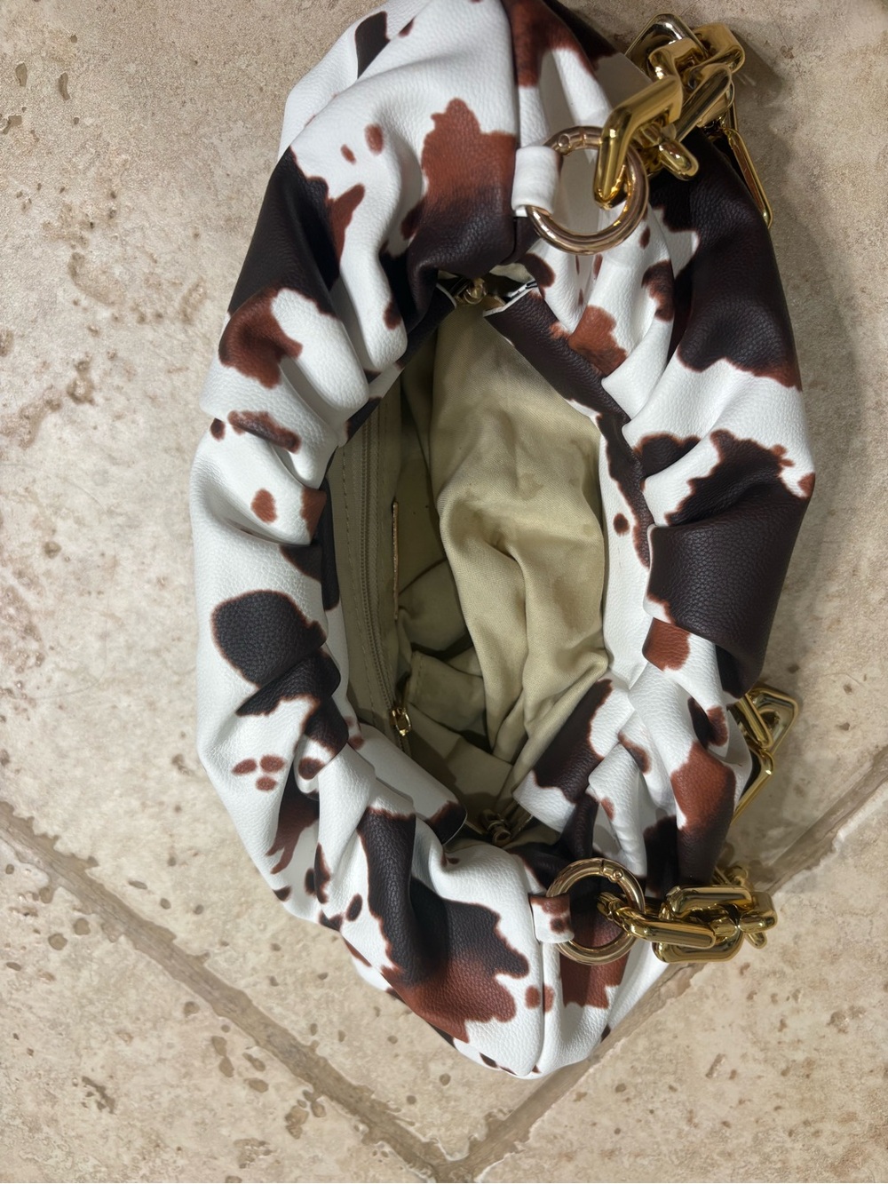 Cow Print Mini Shoulder Bag with Gold Chain Strap - Brown & White - Picture 6 of 10